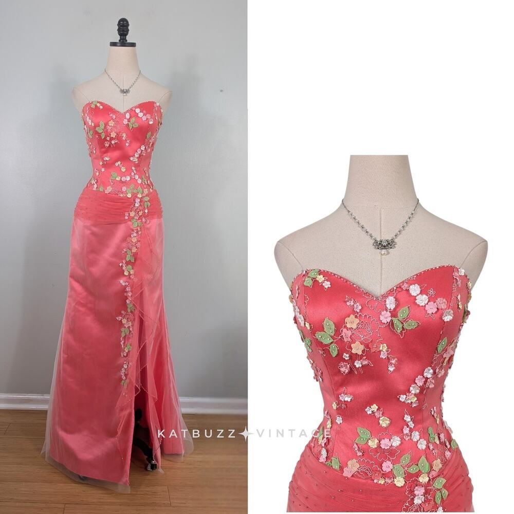 Tiffany Prom Dress Maxi Gown 8 Coral Pink Floral Princess Y2K Ruffle Strapless